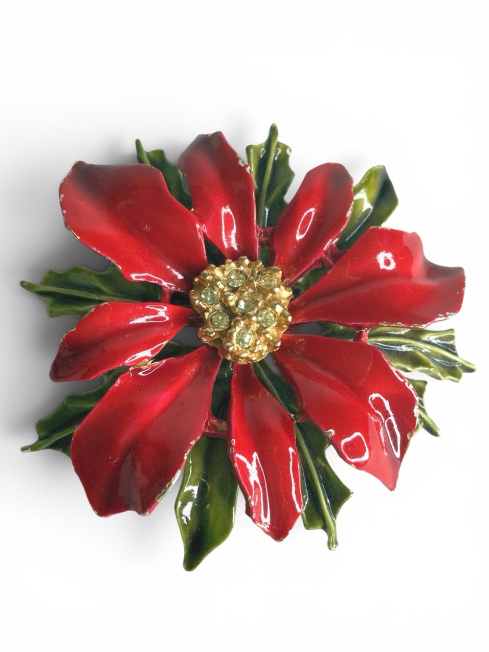Vintage Signed ARTHUR PEPPER Red Enamel Poinsettia Holiday Brooch – Gold‑Tone - Picture 6 of 12